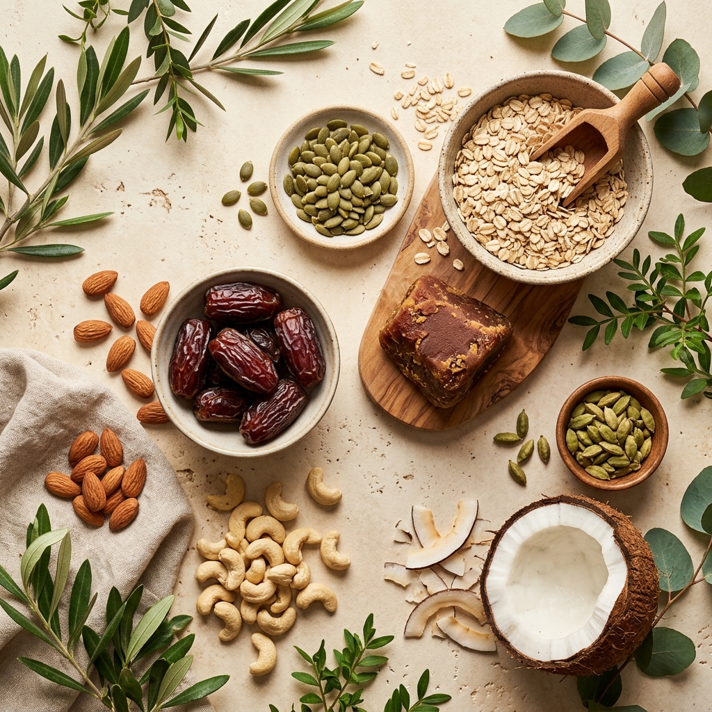 Natural clean ingredients used in GuiltFree snacks — dates, almonds, oats, coconut and jaggery